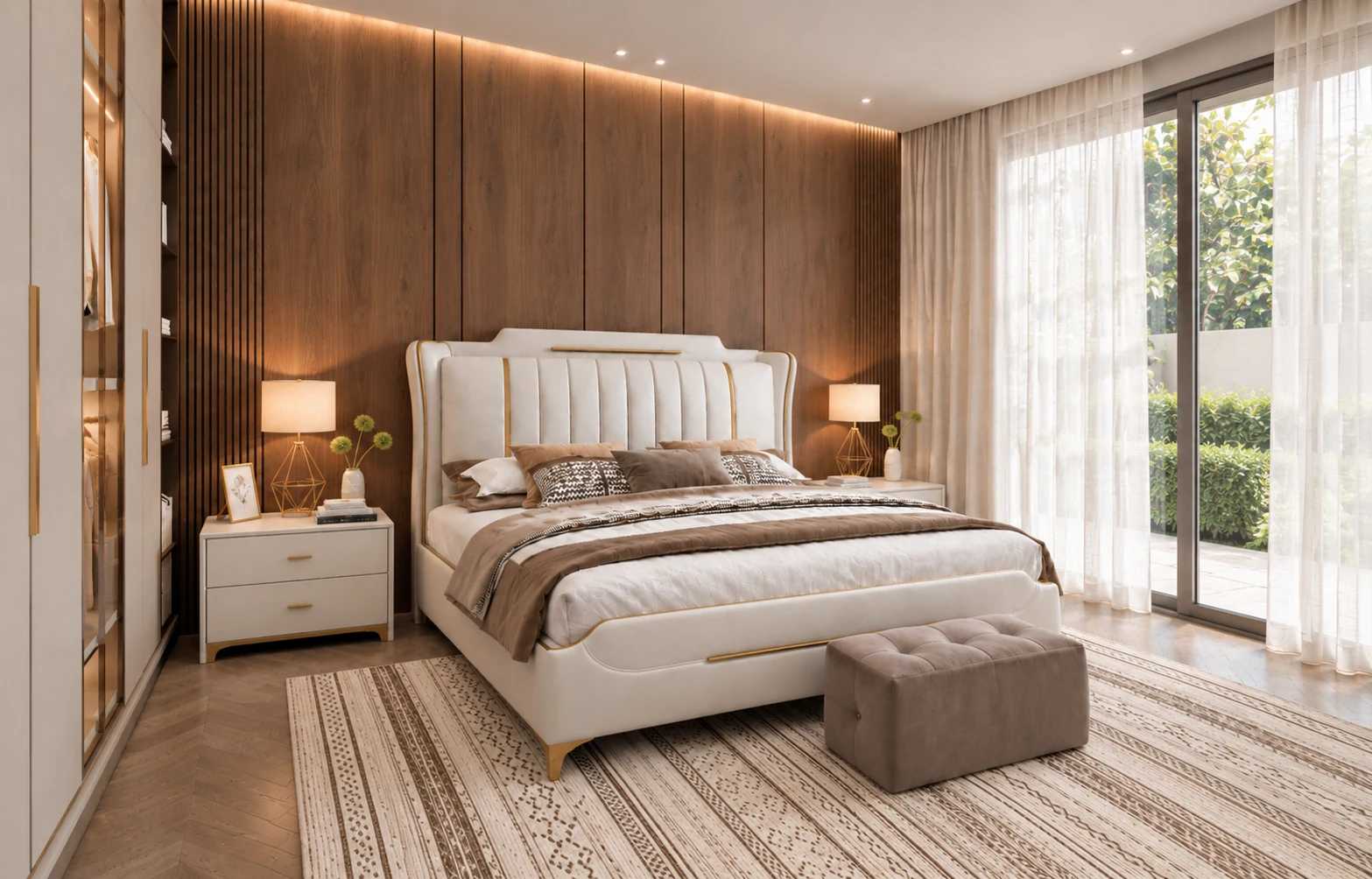 Ivory upholstered bed, walnut wall and garden window in soft daylight