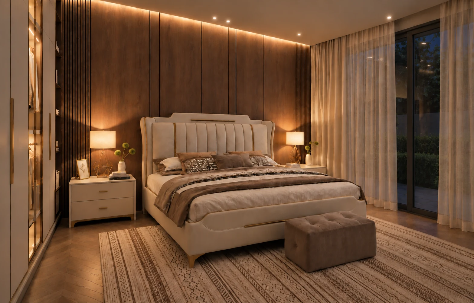 The same bedroom illuminated by warm lamps and cove lighting at night