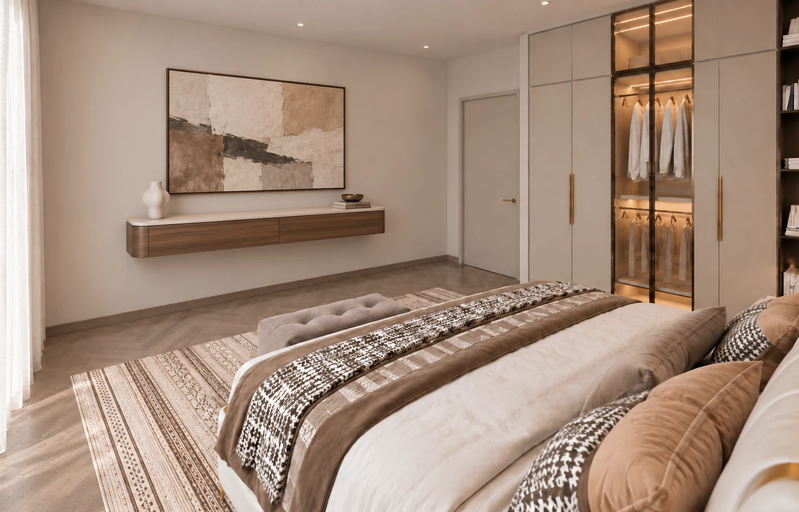 Floating walnut console with abstract art opposite the bed