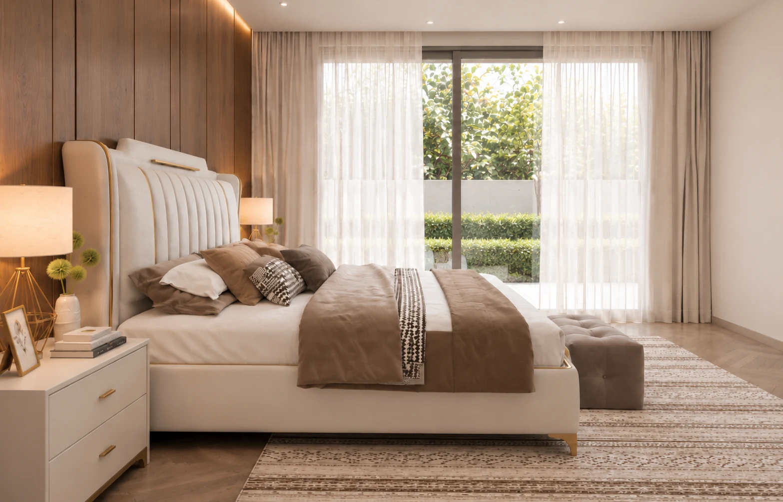 Side view of the bed facing a bright garden through sheer curtains