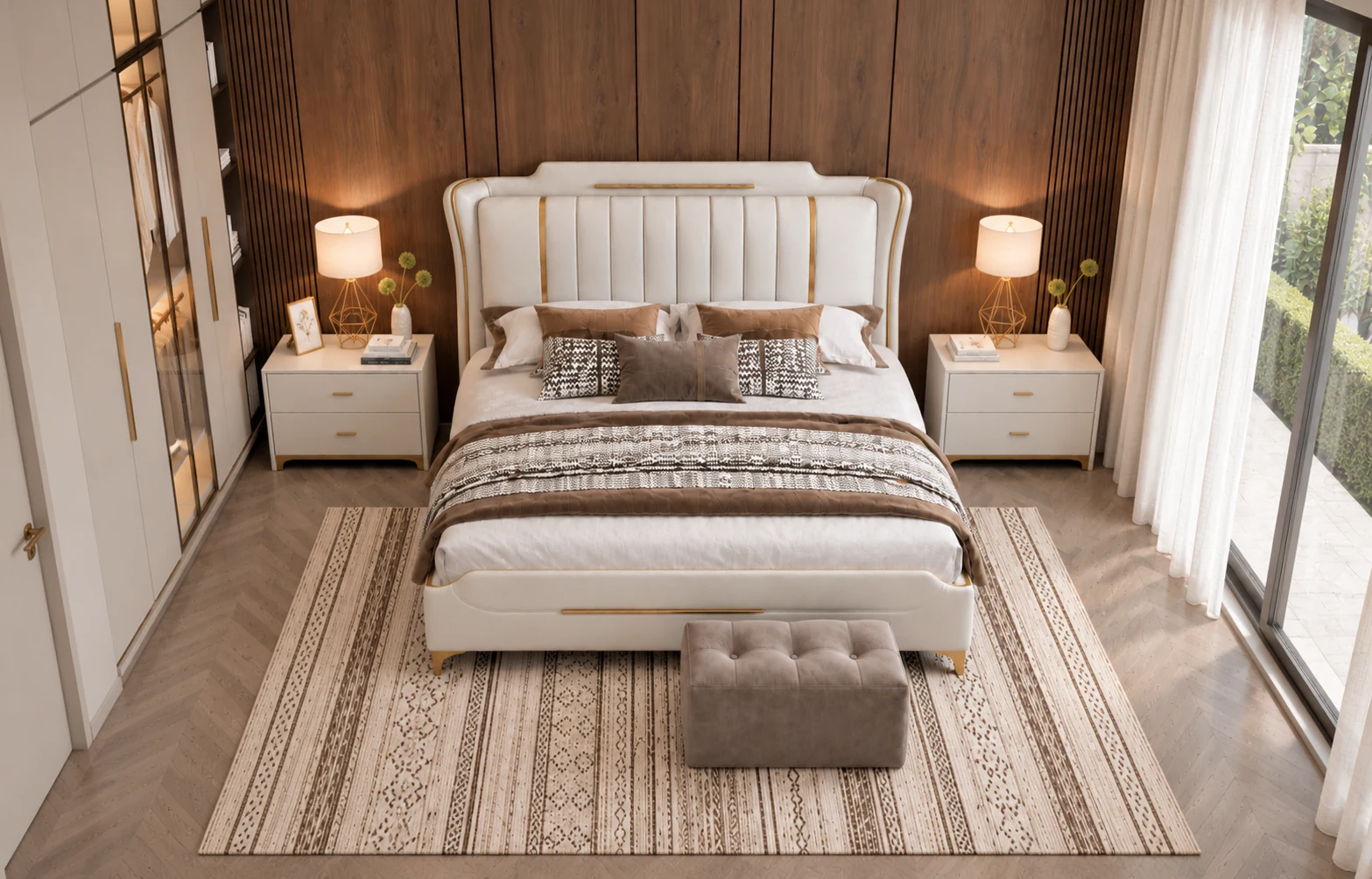 Elevated view showing bed, bedside tables, woven rug and upholstered ottoman
