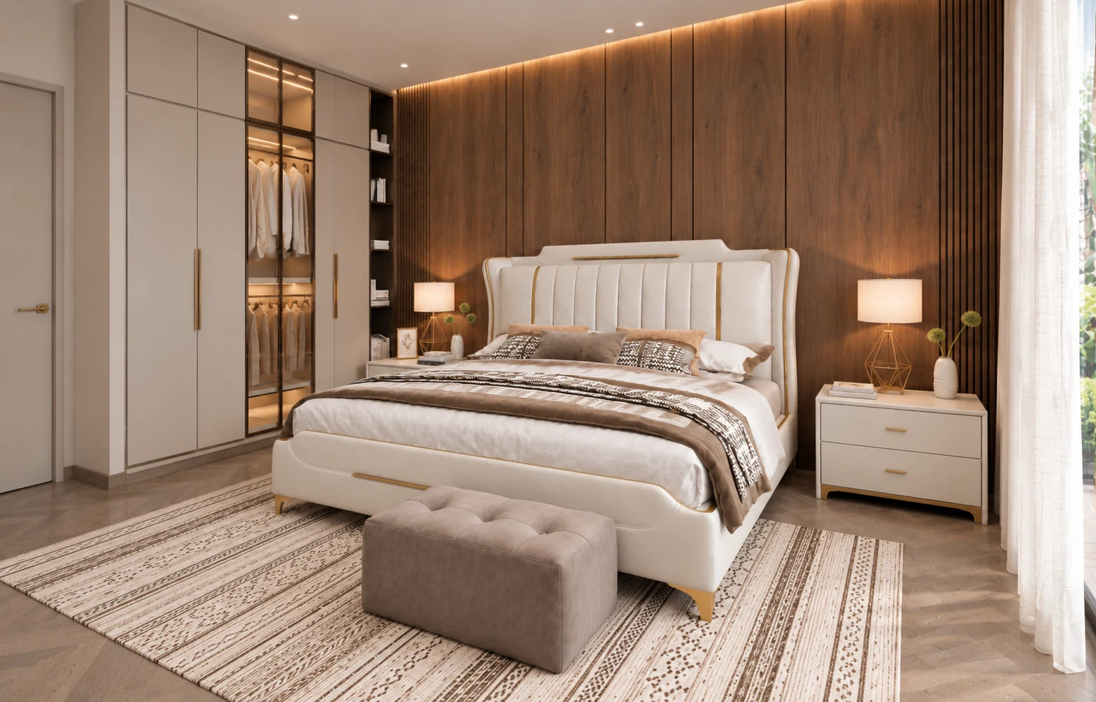 Bedroom perspective showing the warm-lit wardrobe and ivory furniture