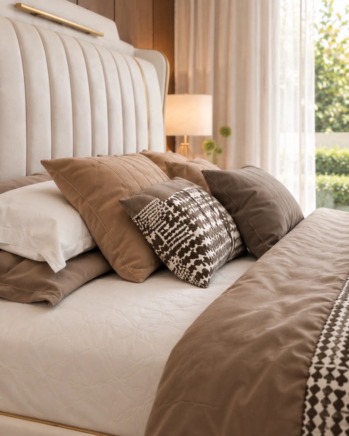 Ivory channel headboard, taupe bedding and patterned cushions