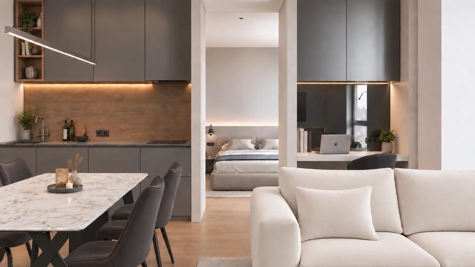 Open view connecting dining, kitchen, workspace and bedroom