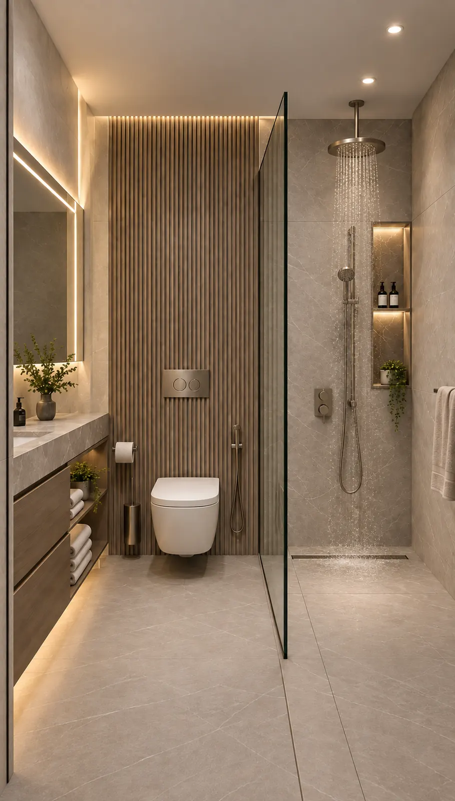 Compact bathroom with floating vanity, timber wall, glass shower and rainfall fixture