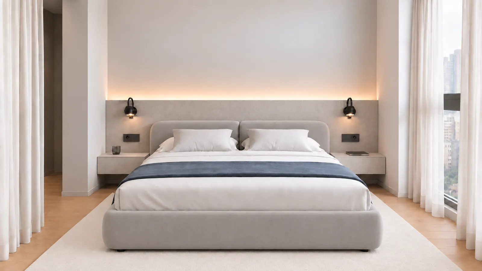 Symmetrical bedroom with ivory upholstered bed, floating nightstands and city views