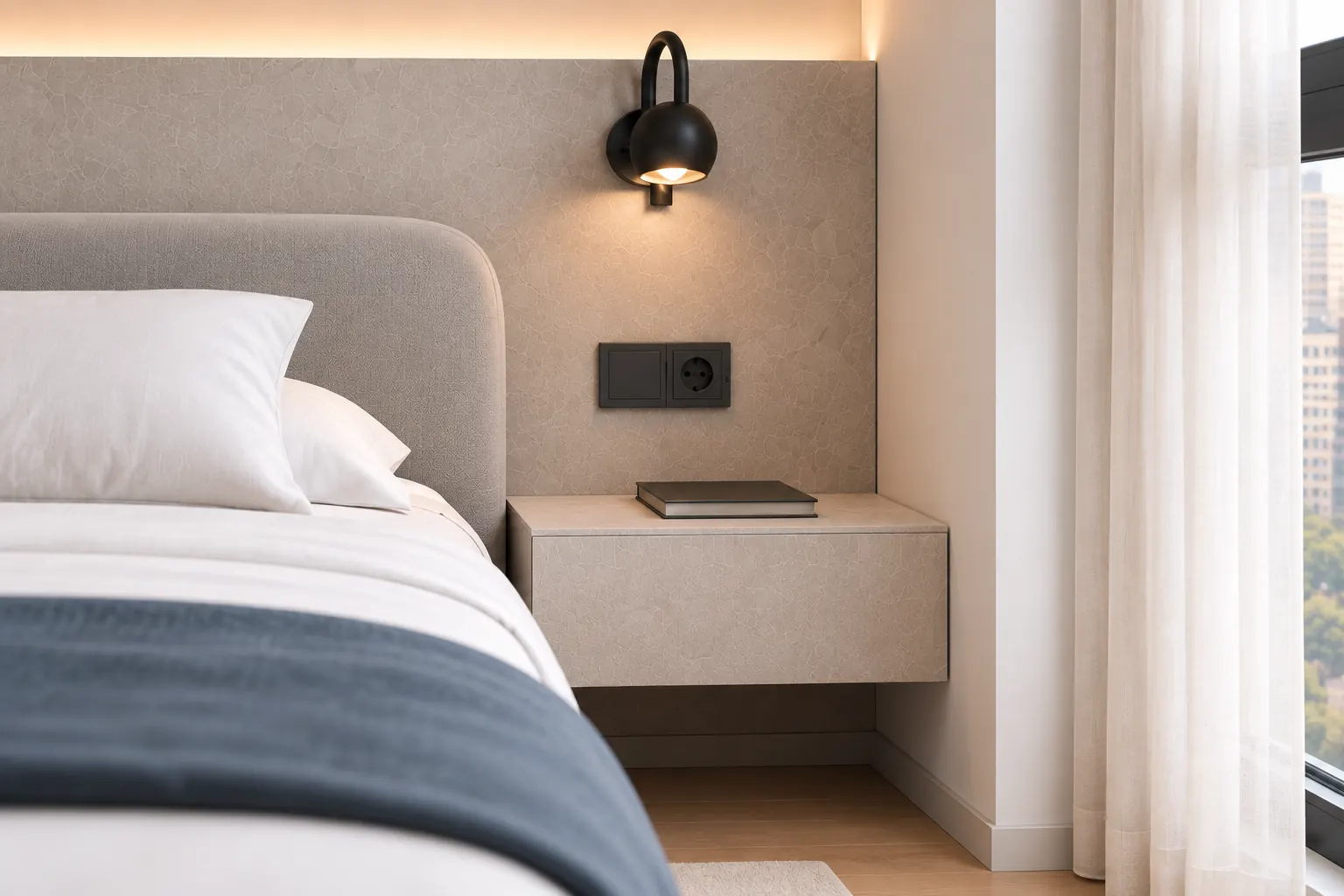 Bedside detail with textured headboard, black reading light and city window