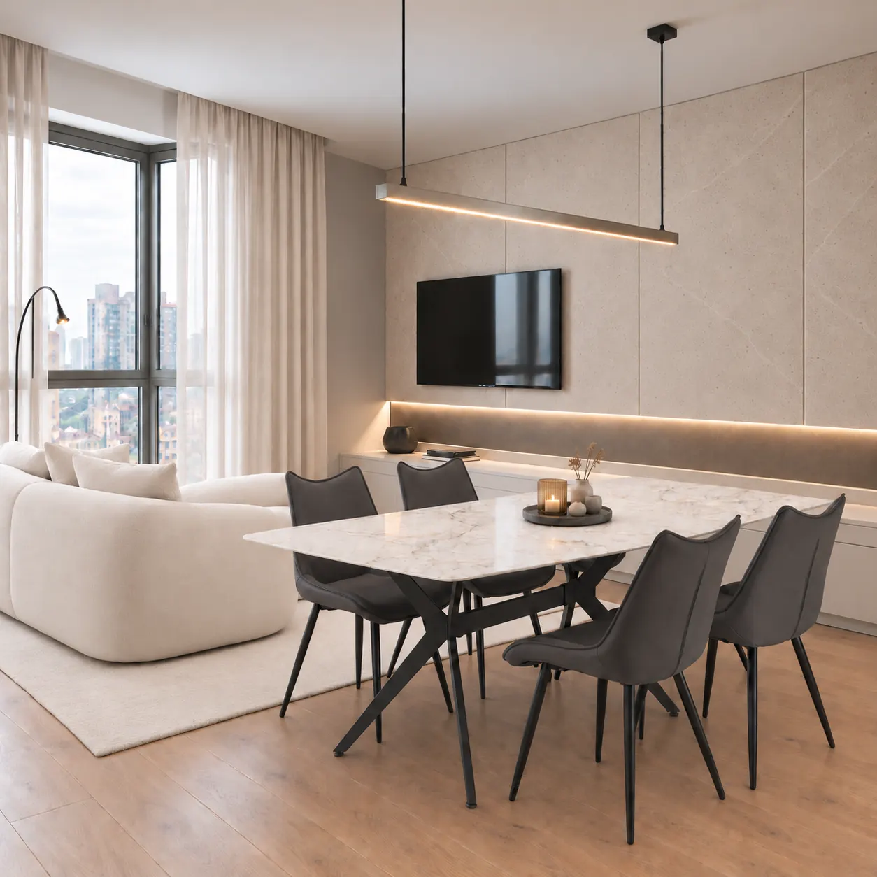 Dining area with marble table, black chairs and softly illuminated media wall