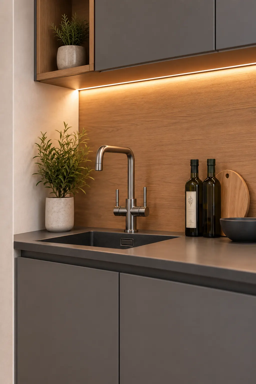 Kitchen sink and timber backsplash beneath warm integrated lighting
