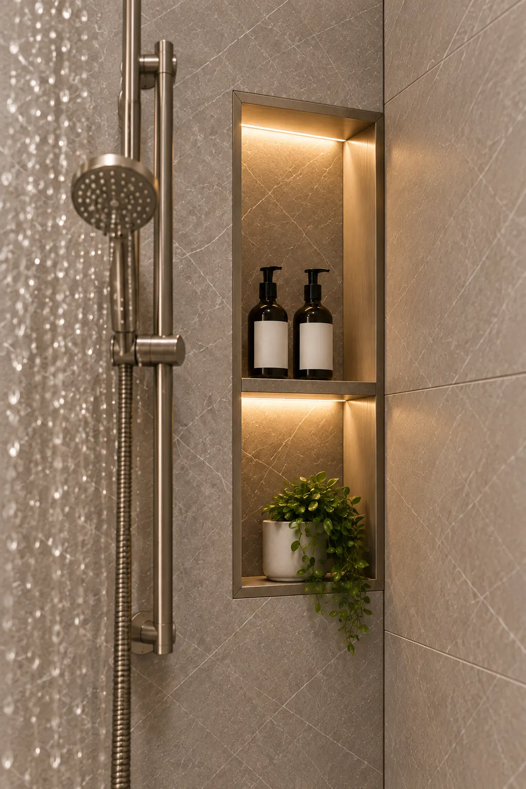 Illuminated shower niche with amber bottles and trailing greenery