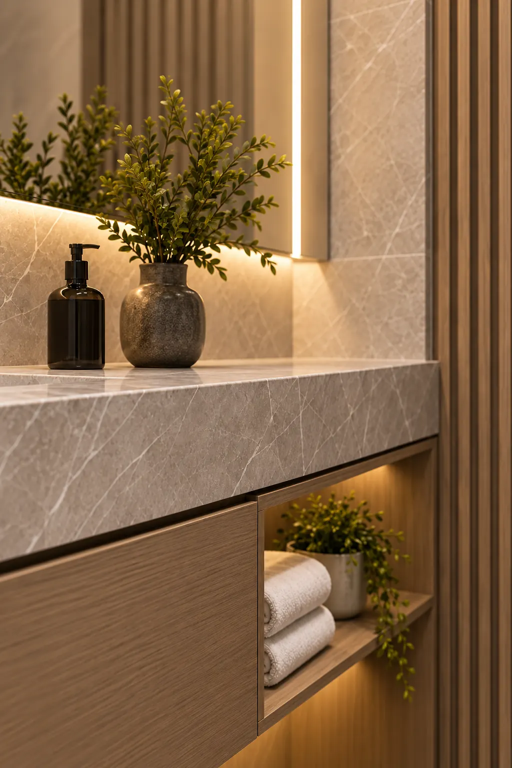 Stone vanity with dark glass accessories, greenery and integrated lighting