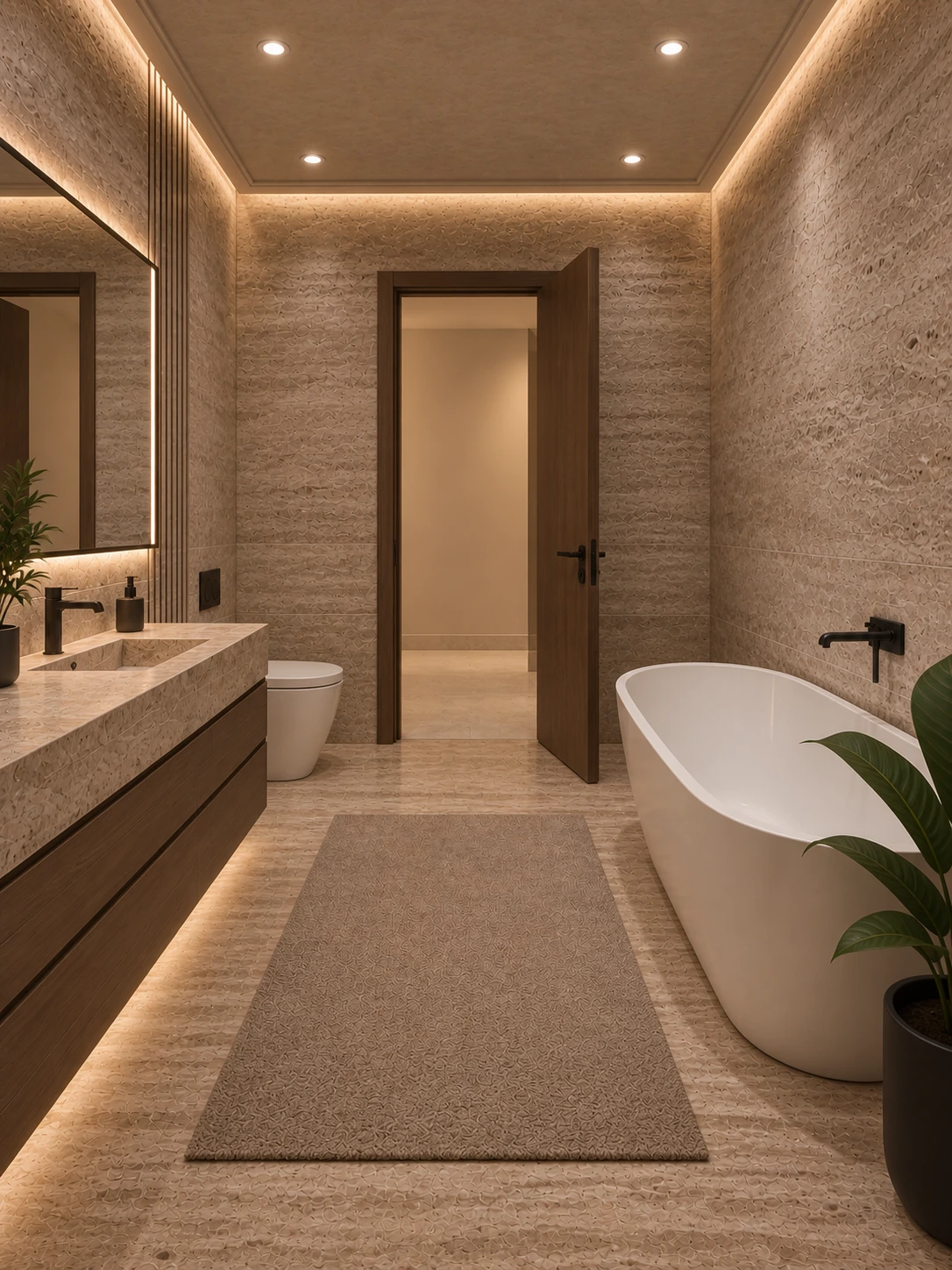 Reverse view toward the bathroom entrance with vanity and bathtub on either side
