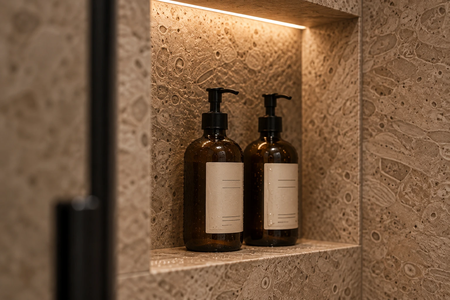 Amber bottles inside the softly lit travertine shower niche