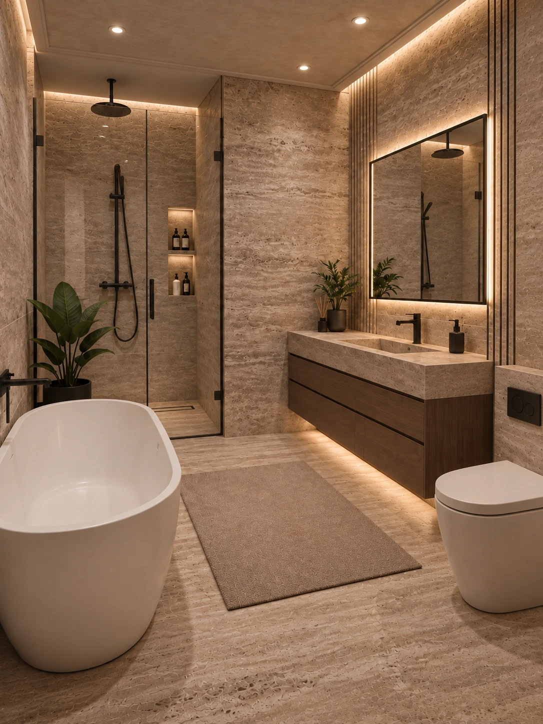 Bathroom overview with freestanding tub, illuminated walnut vanity and glazed shower
