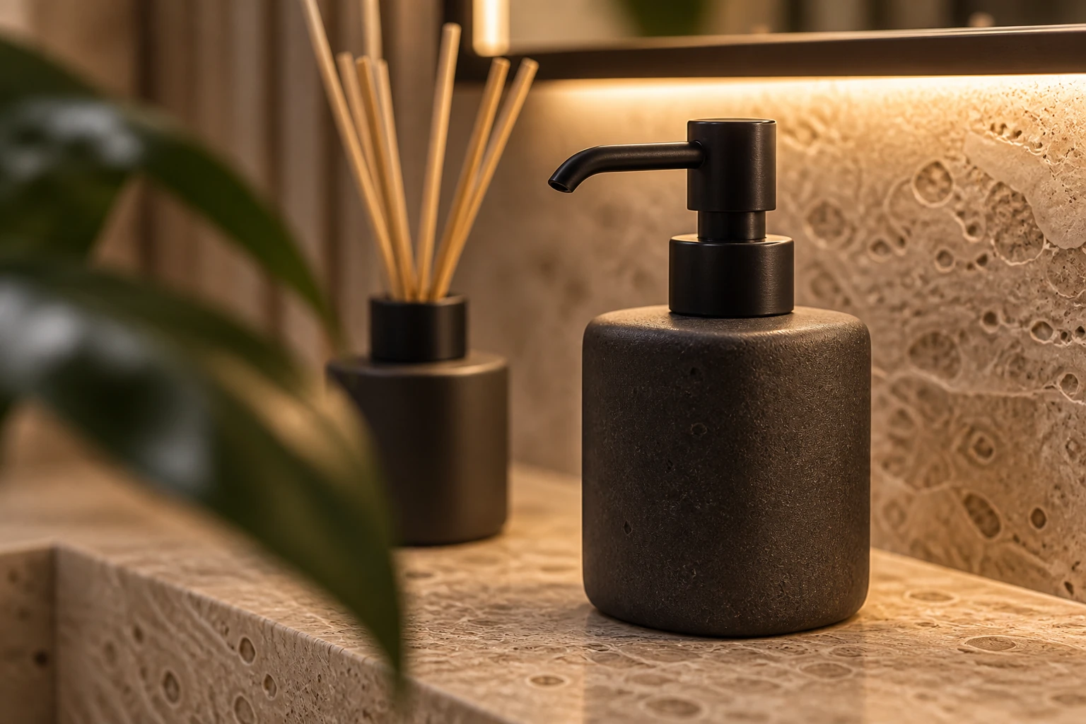 Dark soap dispenser and reed diffuser on the travertine vanity