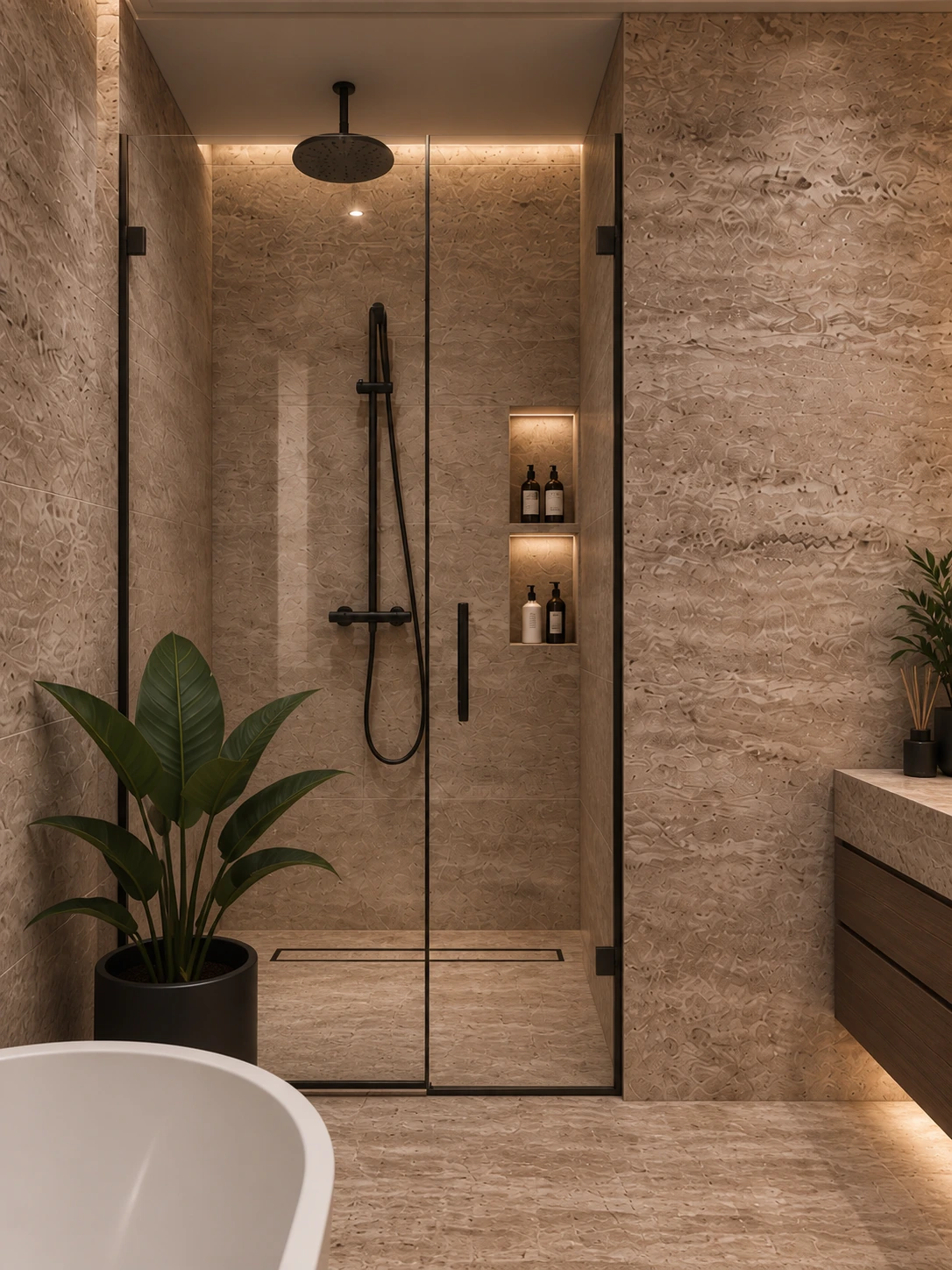 Glazed shower with matte black fittings and a warm illuminated niche