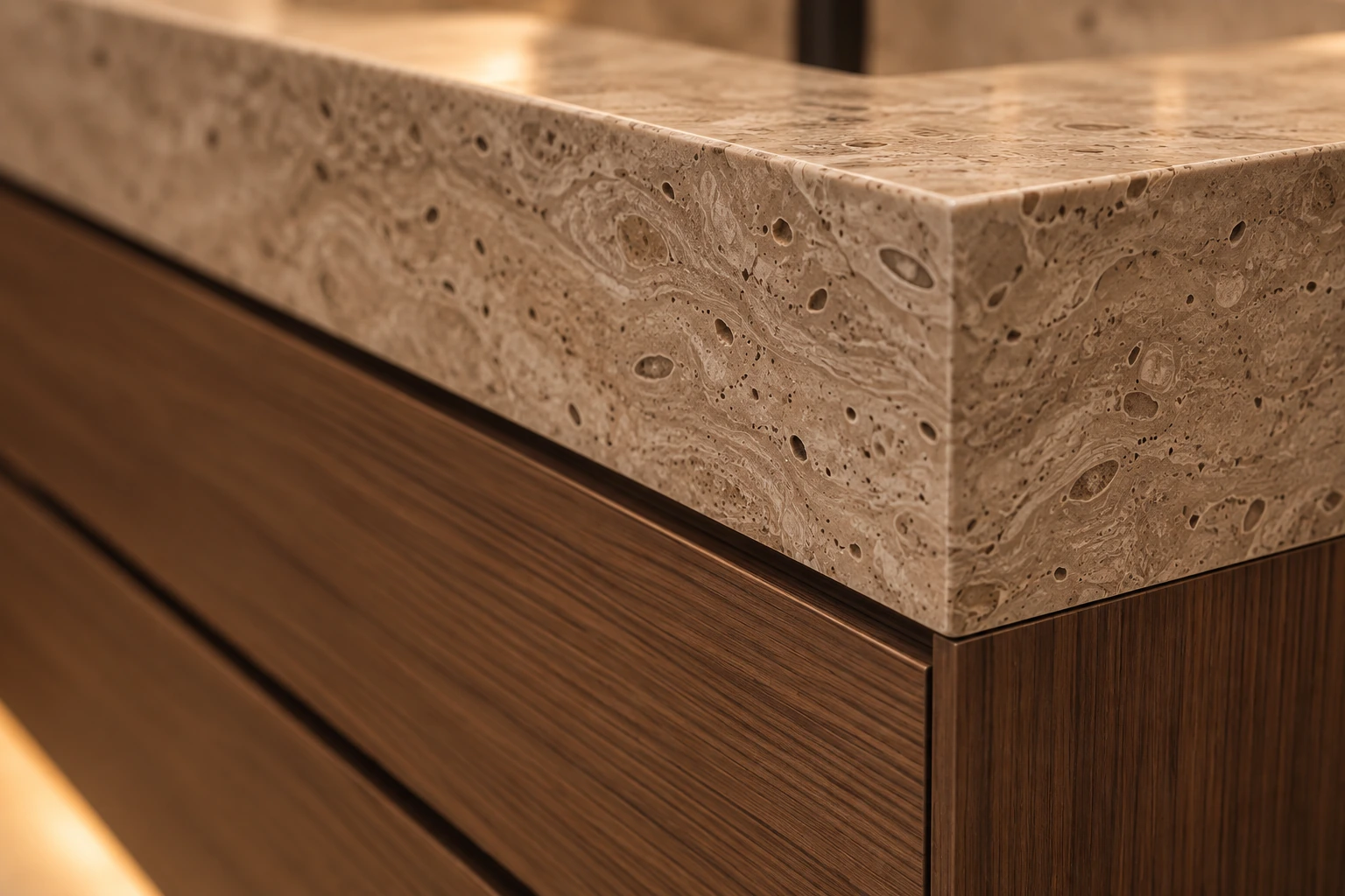 Close view of a travertine countertop meeting the walnut cabinet