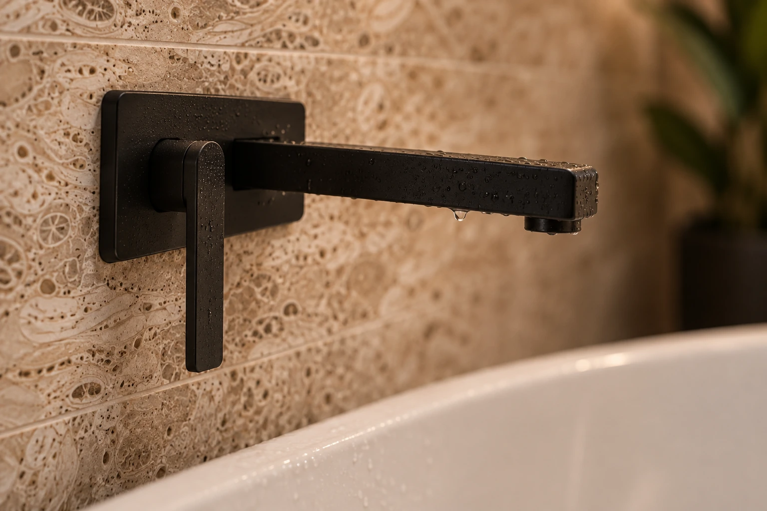 Matte black wall-mounted bath filler above the white bathtub