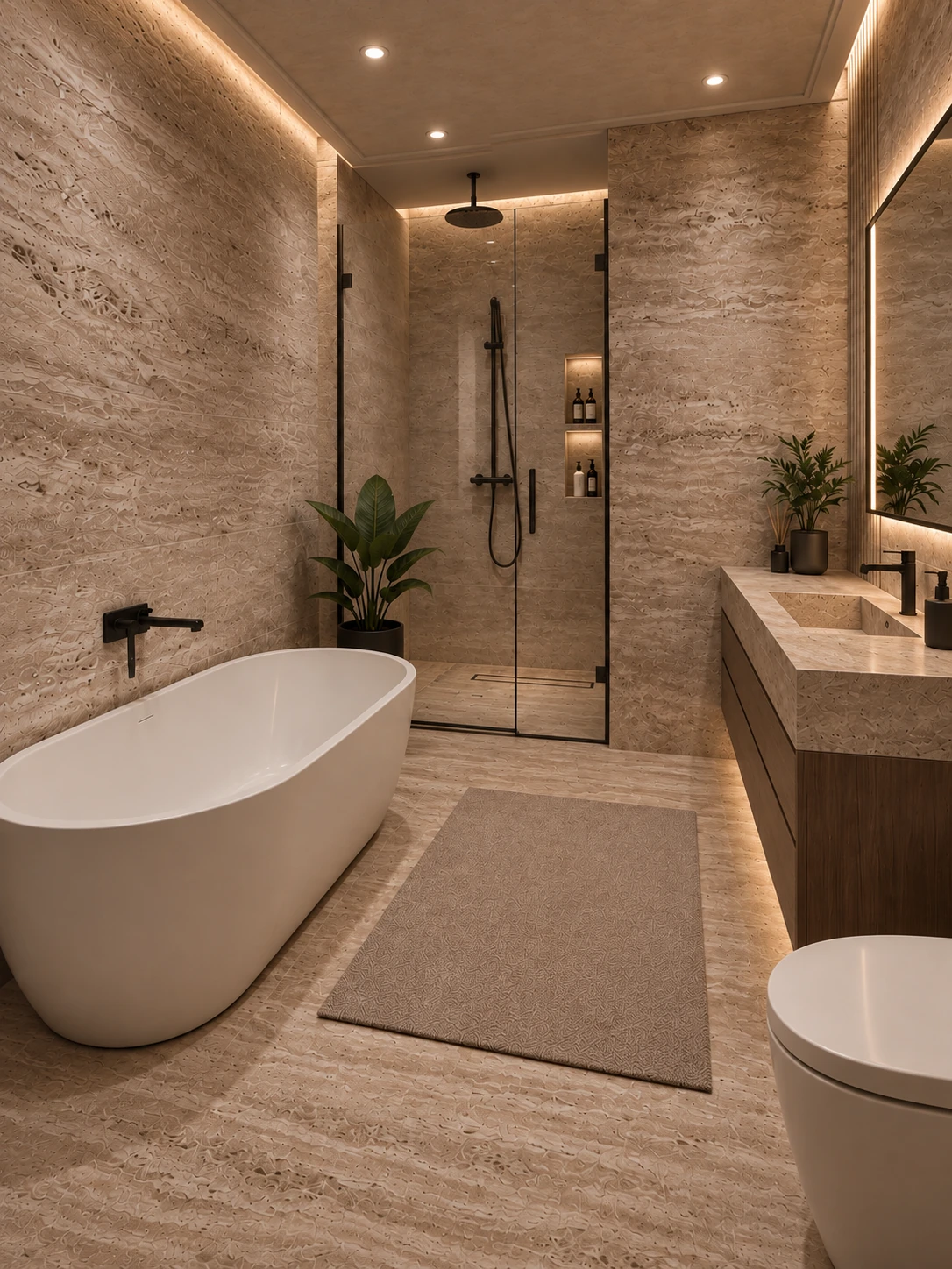 Freestanding white bathtub facing the glass shower and walnut vanity