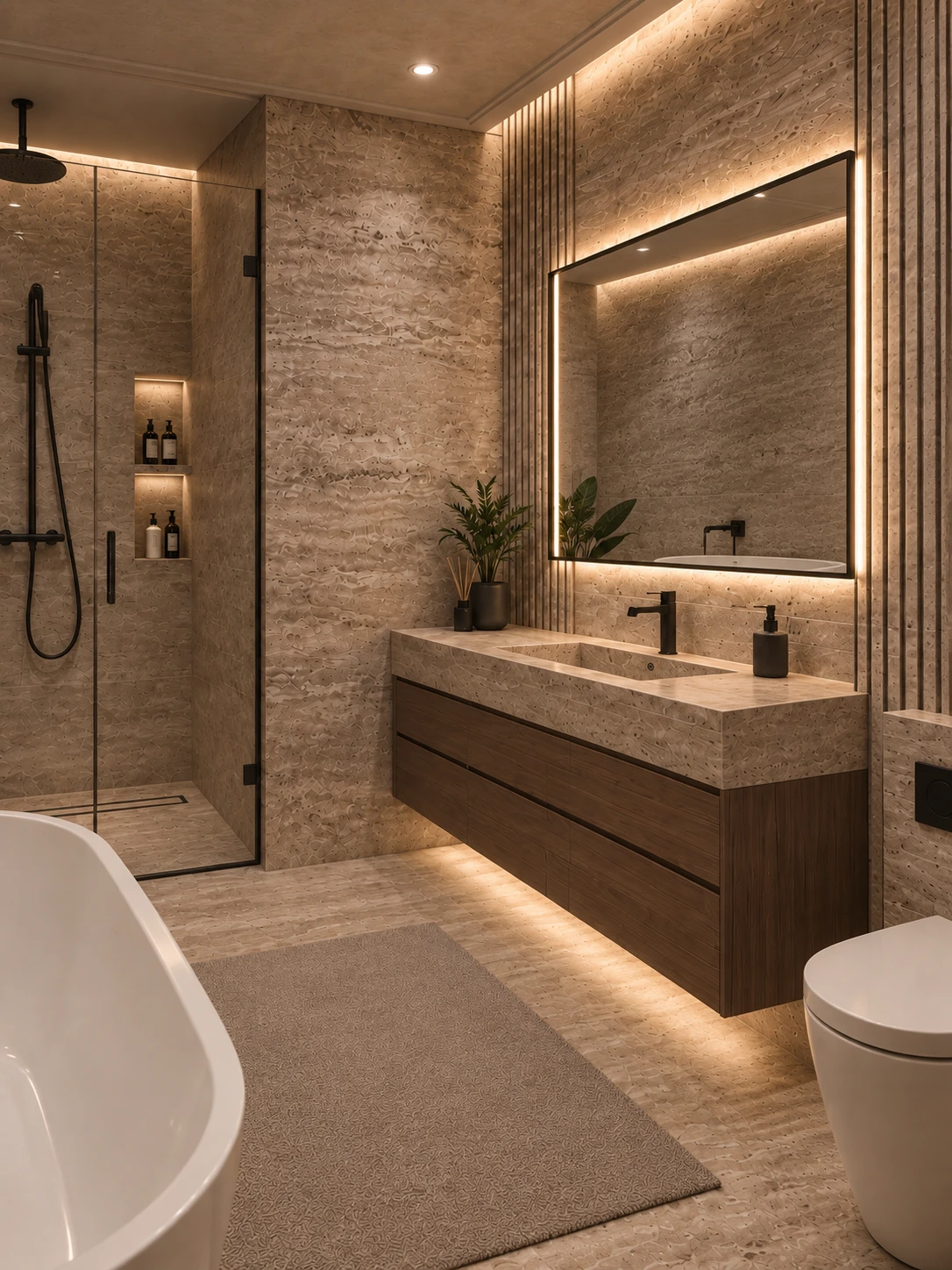 Angled view of the floating walnut vanity with under-cabinet lighting