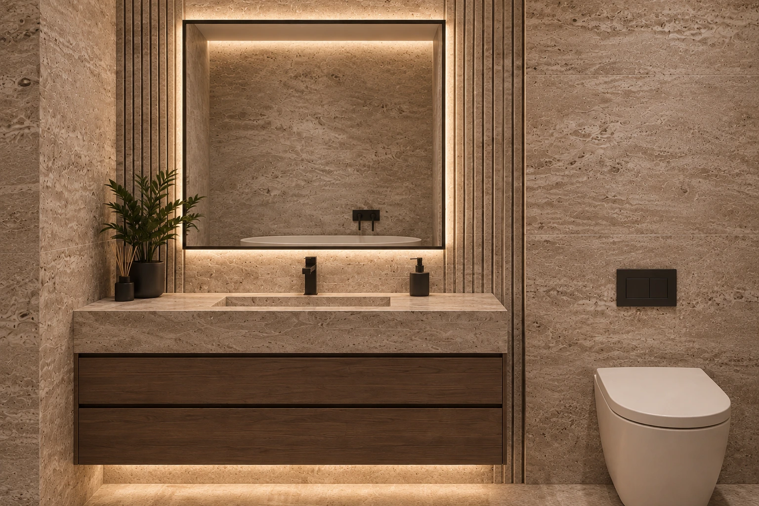 Straight-on view of the floating walnut vanity, stone basin and illuminated mirror